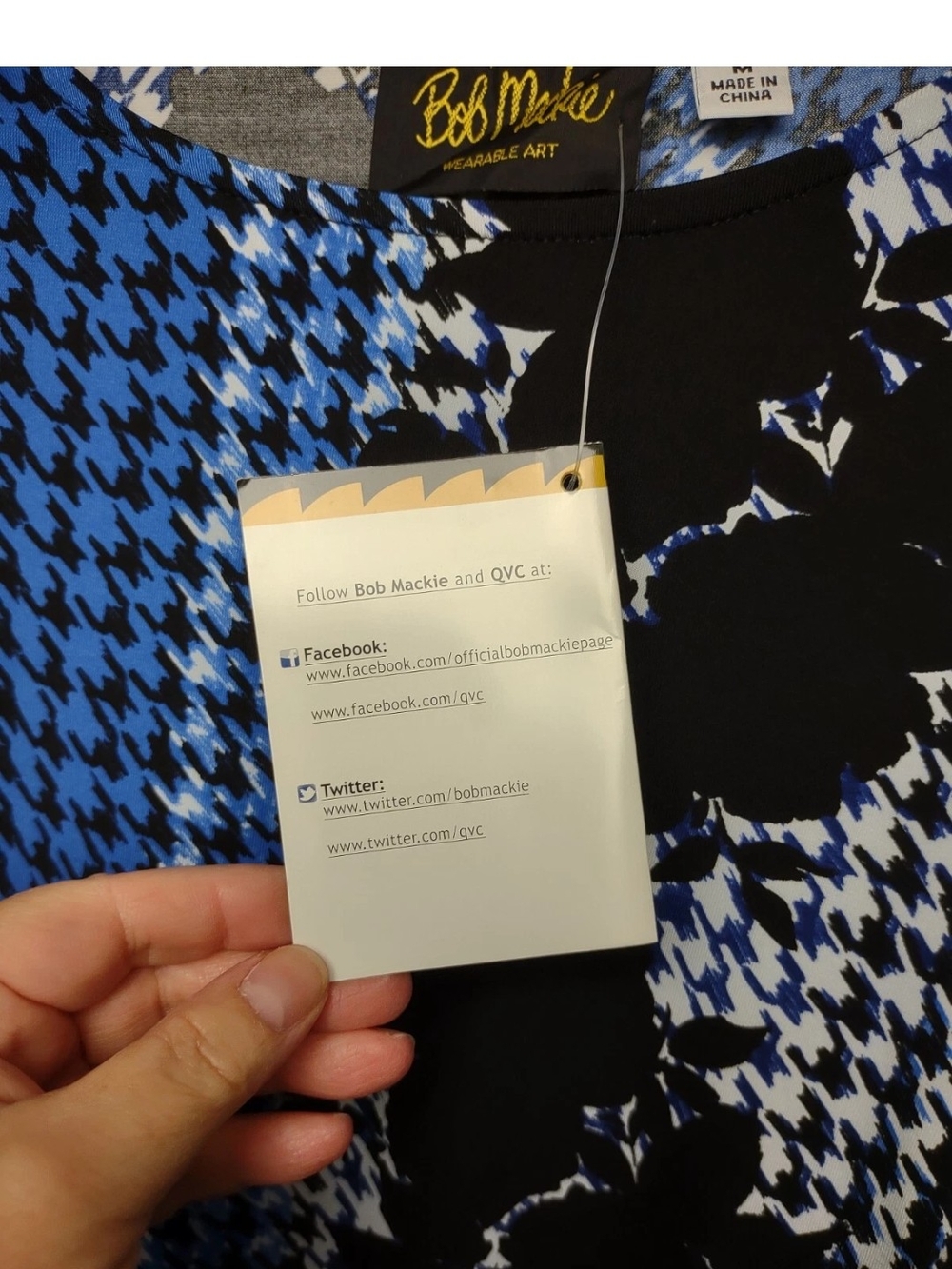 Bob Mackie Blue and Black Floral-Accent Houndstooth Long Sleeve Top - Picture 6 of 7